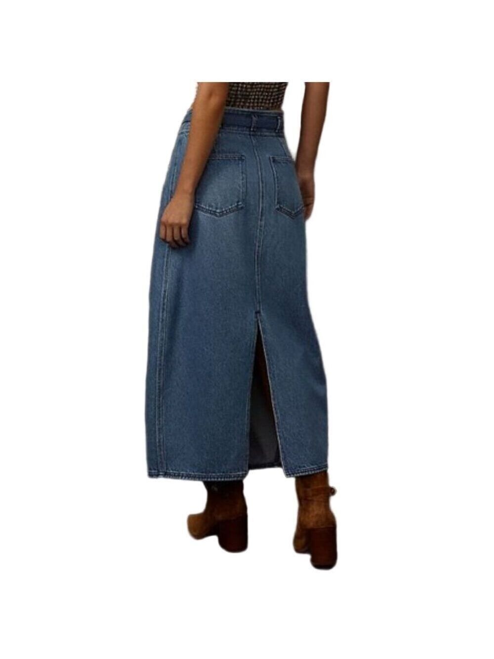Pilcro Barrel Denim Maxi Skirt Rear Slit Pockets Jean Midi Anthropologie 26W - Picture 3 of 10